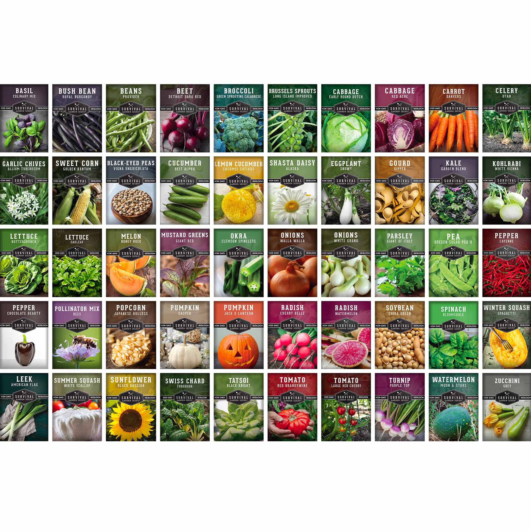 Homestead Garden Collection vegetable seeds by SurvivalGardenSeeds, showing colorful seed packets for self-reliant gardening.