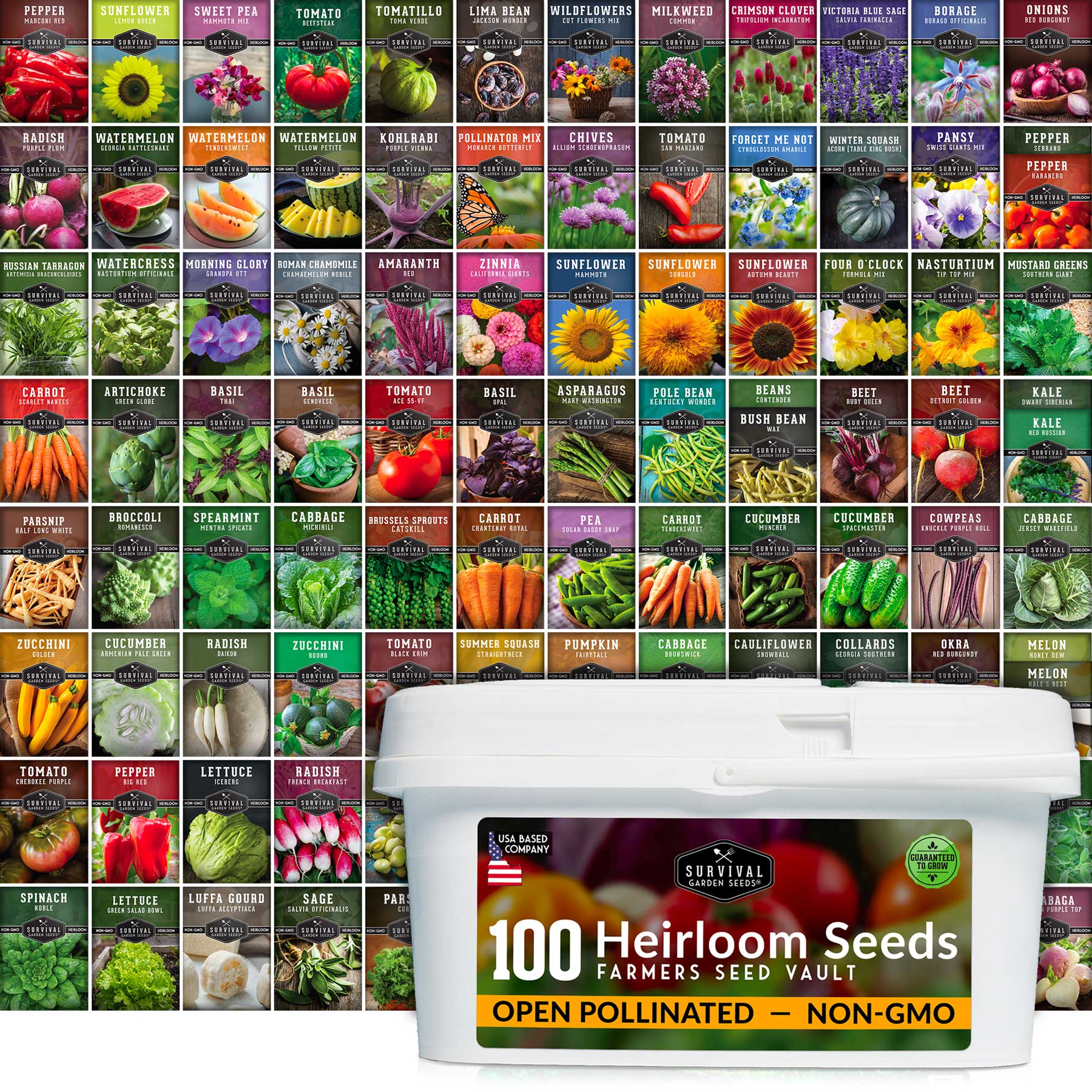 Complete Survival Garden Kit with SurvivalGardenSeeds vegetable seeds for growing food at home, featuring a variety of vegetable seeds.