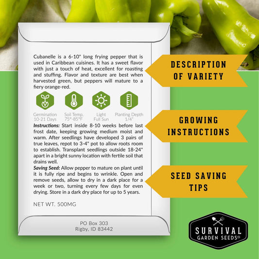 Four pepper seed packets from SurvivalGardenSeeds, heirloom non-GMO hot and sweet peppers for salsas, roasting, and garden harvests.