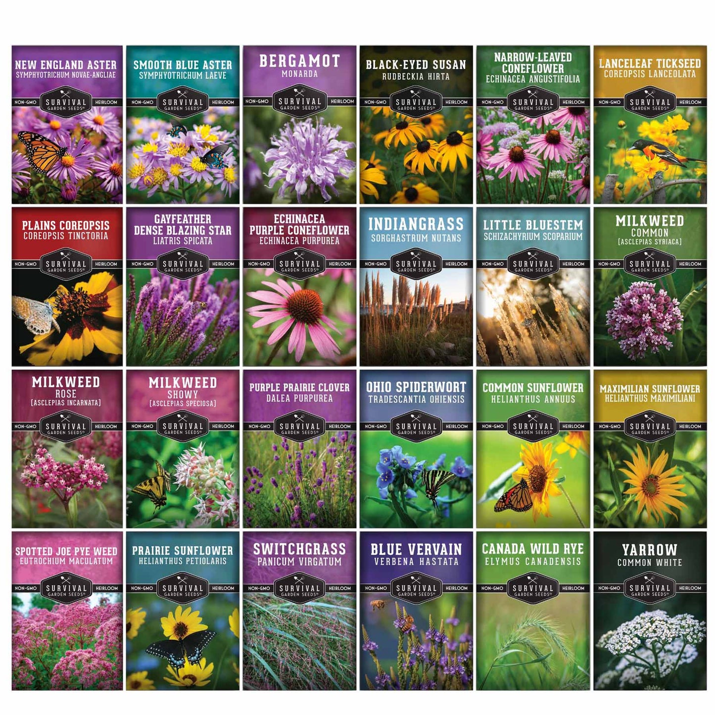 Native Habitat seed collection by SurvivalGardenSeeds featuring 24 native wildflower and grass seeds for pollinators and meadows.