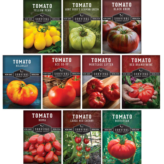 Assorted heirloom and garden tomato seeds from SurvivalGardenSeeds, perfect for slicing, sauces, canning, and fresh eating.