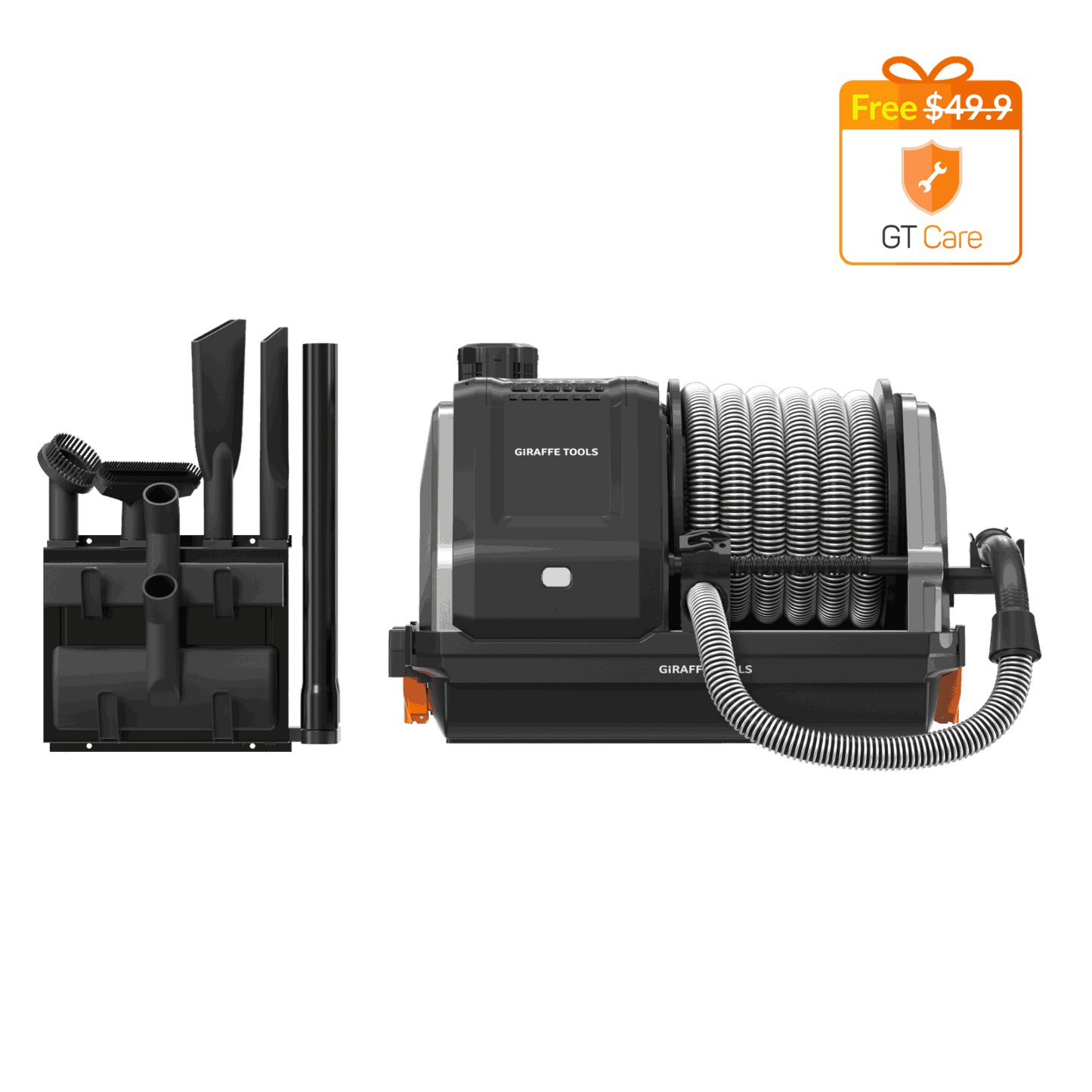 Giraffe Tools US Grandstorm retractable garage vacuum cleaner with hose and nozzle, mounted on a garage wall for easy storage.