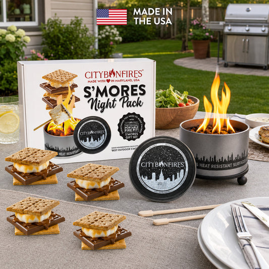 City Bonfires S'mores Night Pack outdoors kit with marshmallows, graham crackers, and chocolate for backyard s'mores fun.
