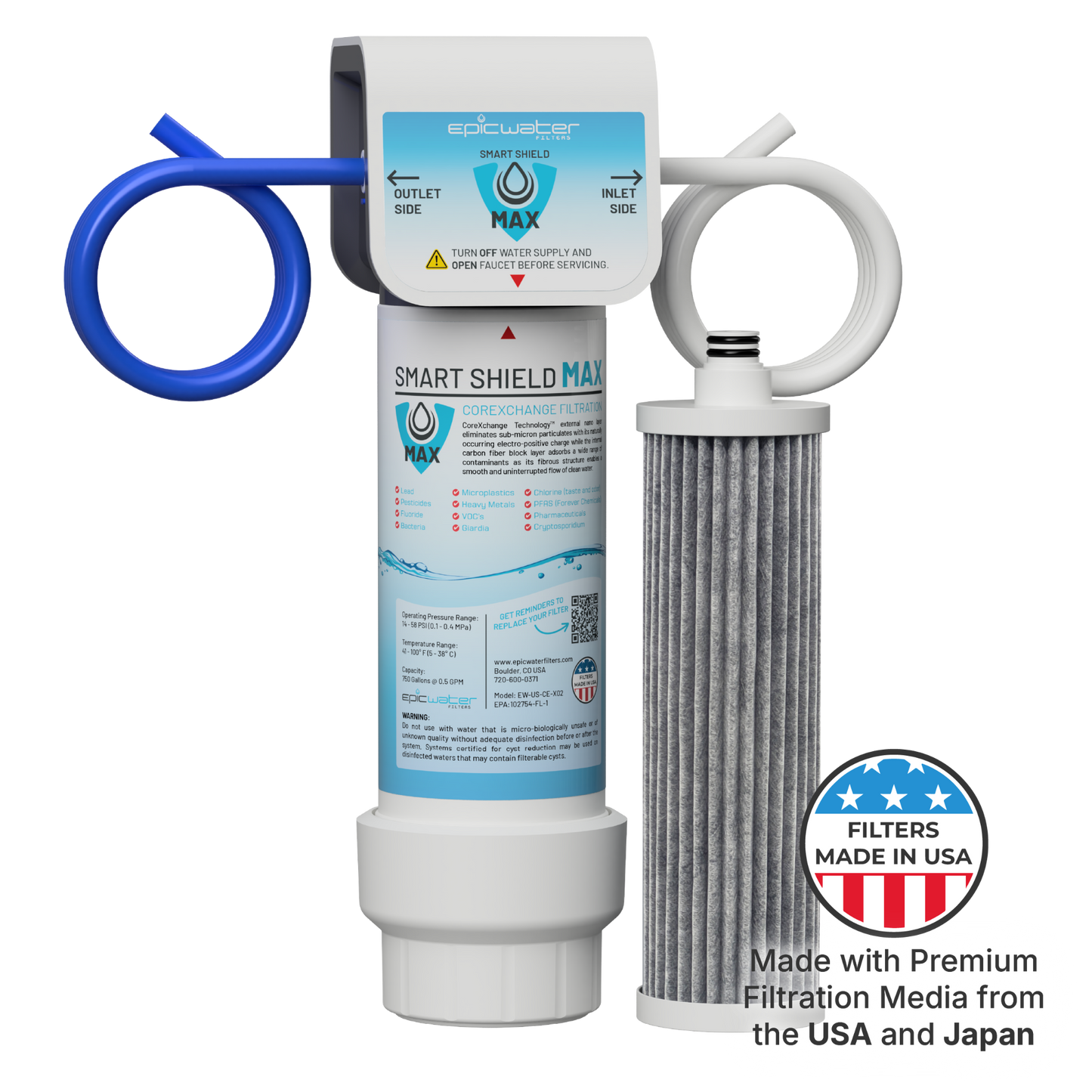 Epic Smart Shield Max under sink water filtration system by Epic Water Filters USA, installed under the kitchen sink.