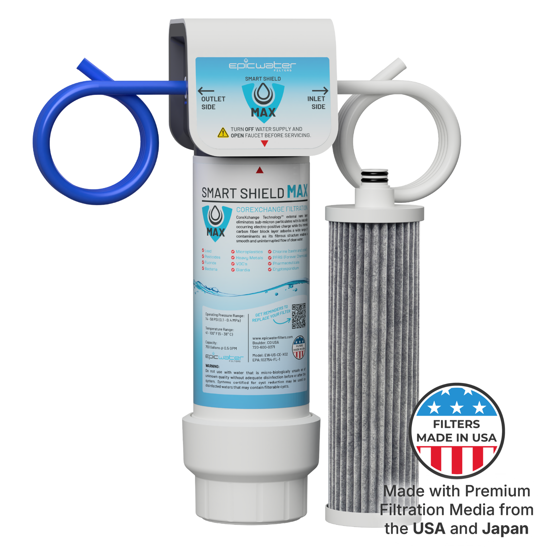 Epic Smart Shield Max under sink water filtration system by Epic Water Filters USA, installed under the kitchen sink.
