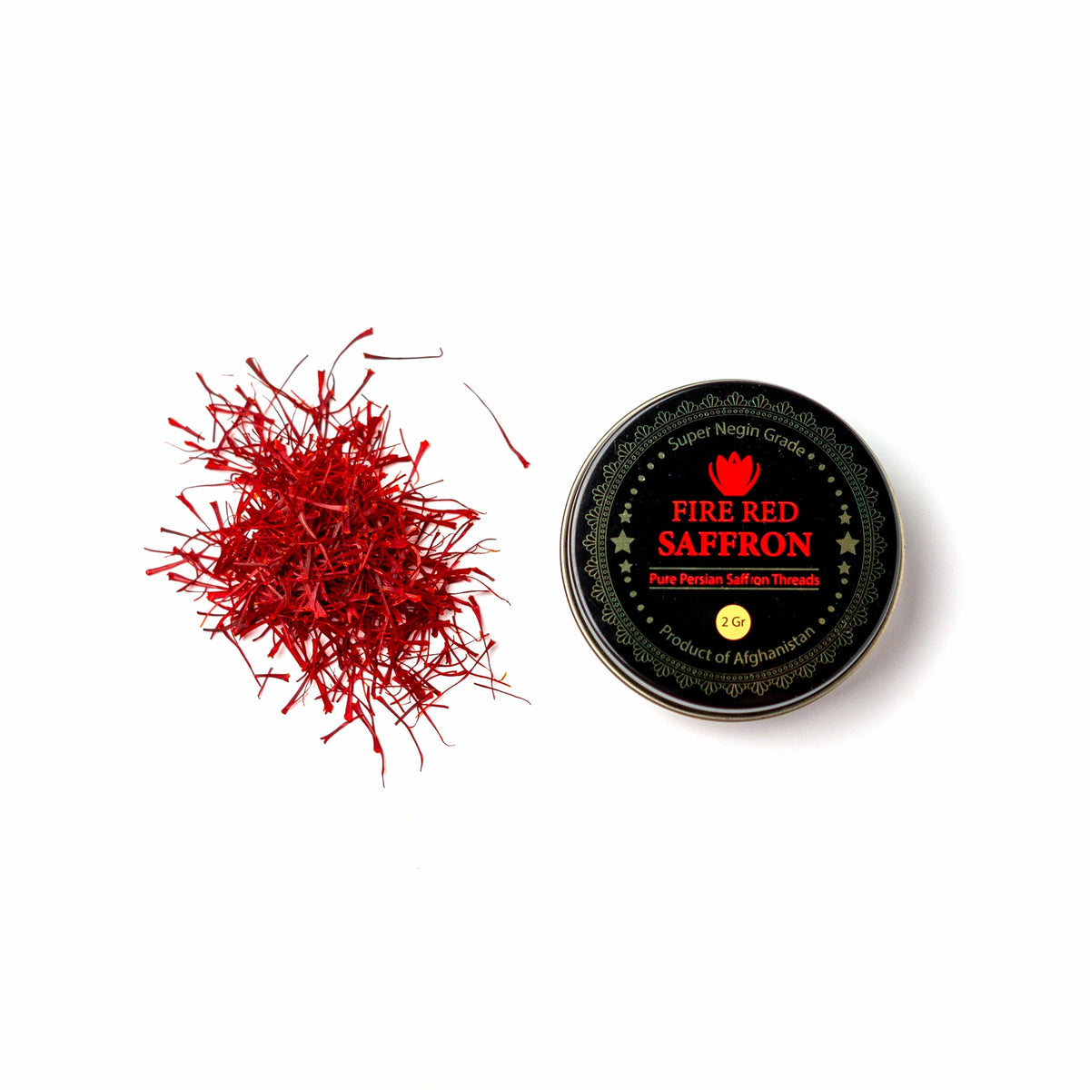 Premium Super Negin saffron threads from Vanilla Bean Kings, showcasing vibrant red stigmas and delicate threads in a clear container.