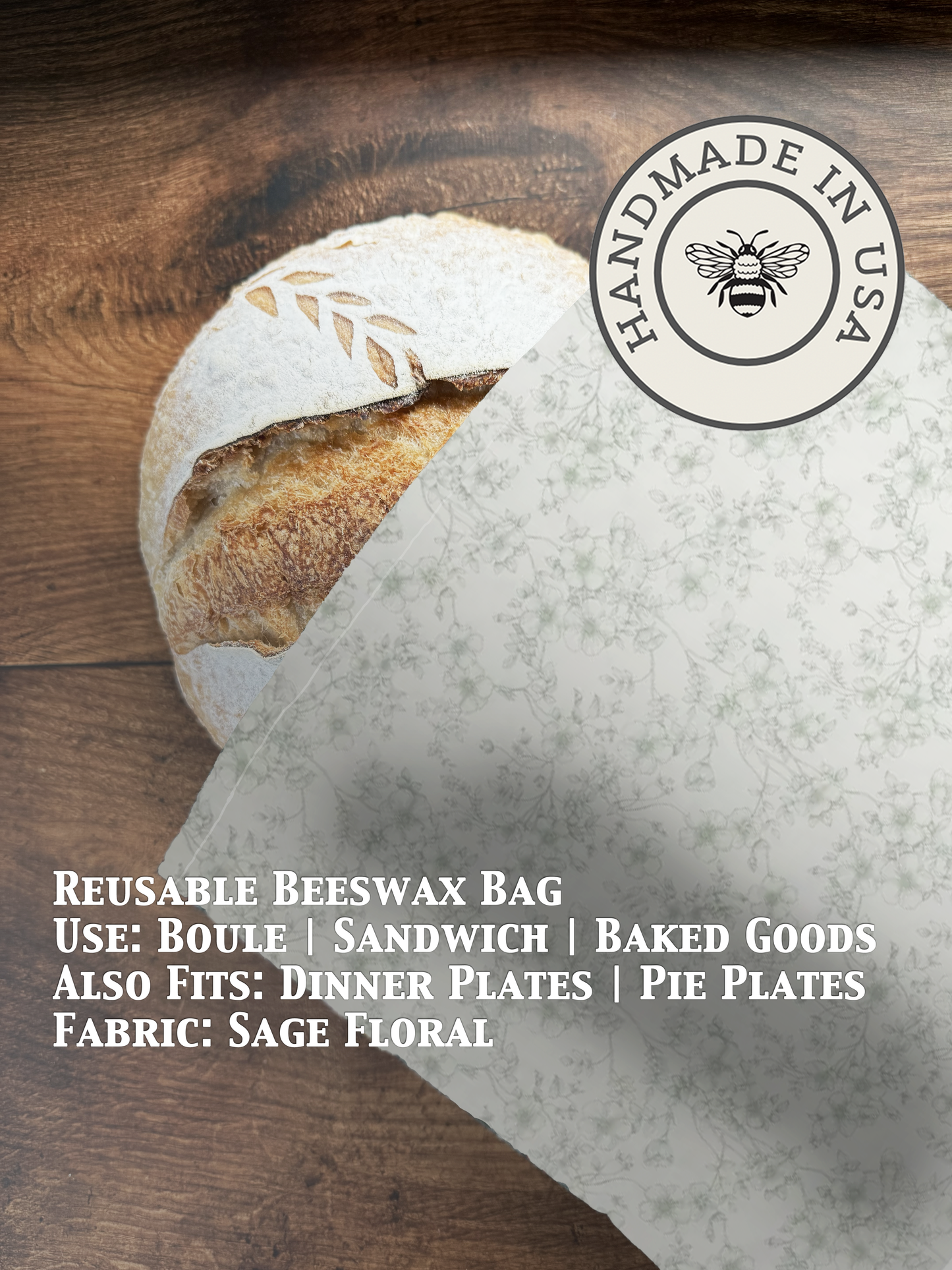 Sage floral beeswaxed bread bag from Five Oaks Farm, eco-friendly beeswaxed linen storage for bread and baked goods.