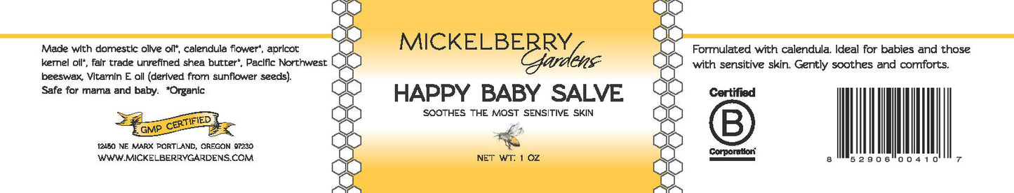 Mickelberry Gardens Happy Baby Salve in a 1oz jar, natural skin care product for gentle skin soothing.