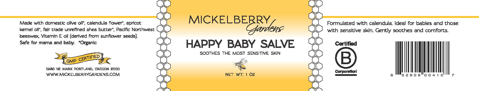 Mickelberry Gardens Happy Baby Salve in a 1oz jar, natural skin care product for gentle skin soothing.