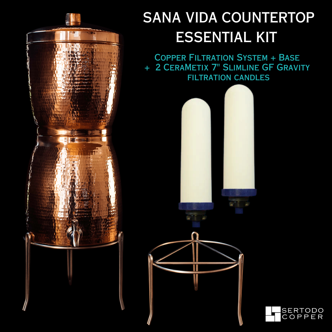 Sana Vida copper water filtration system countertop dispenser by Sertodo with a sleek design and copper finish for clean drinking water.