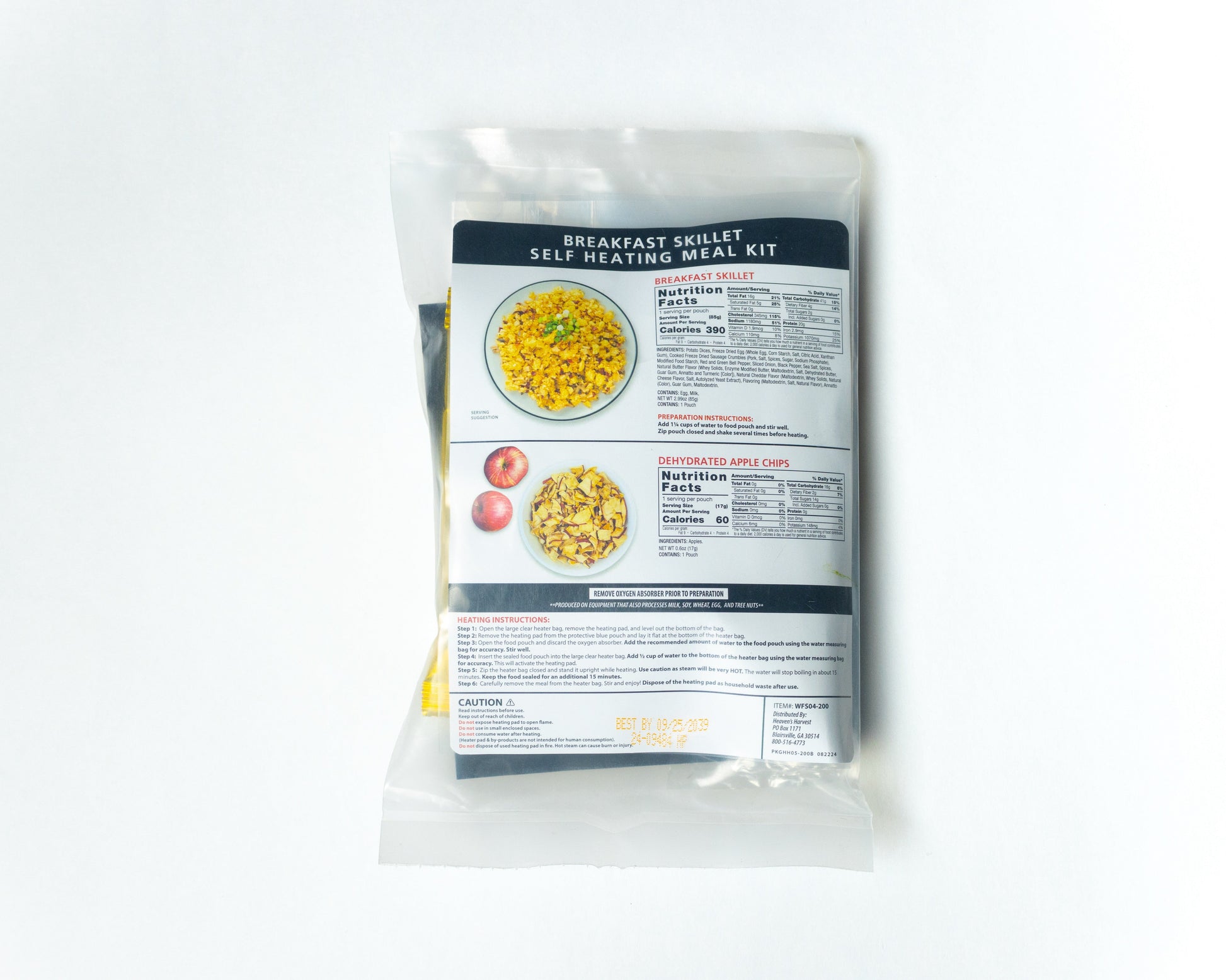 Self-heating sausage, egg, and potato breakfast skillet from Heaven's Harvest freeze-dried meal kit on white background.