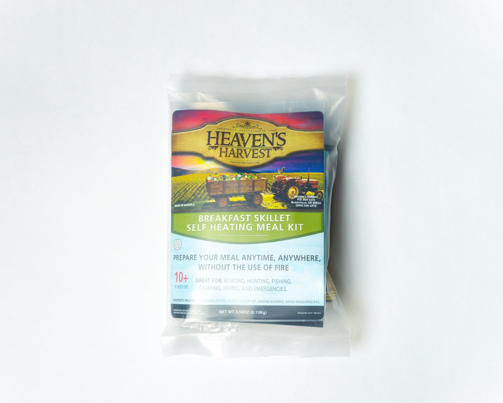Freeze-dried sausage, egg, and potato breakfast skillet meal kit by Heaven's Harvest shown in front of a white background.