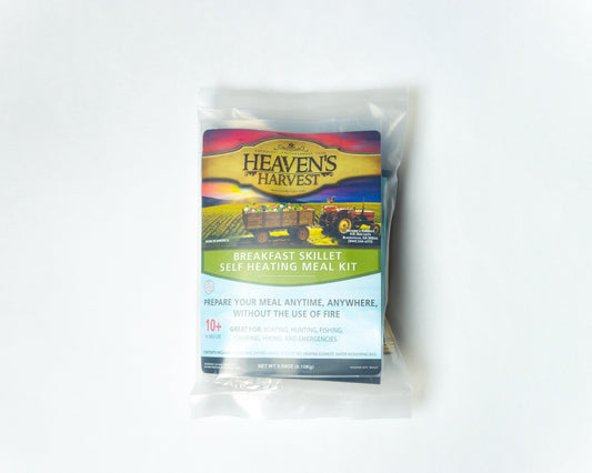 Freeze-dried sausage, egg, and potato breakfast skillet meal kit by Heaven's Harvest shown in front of a white background.