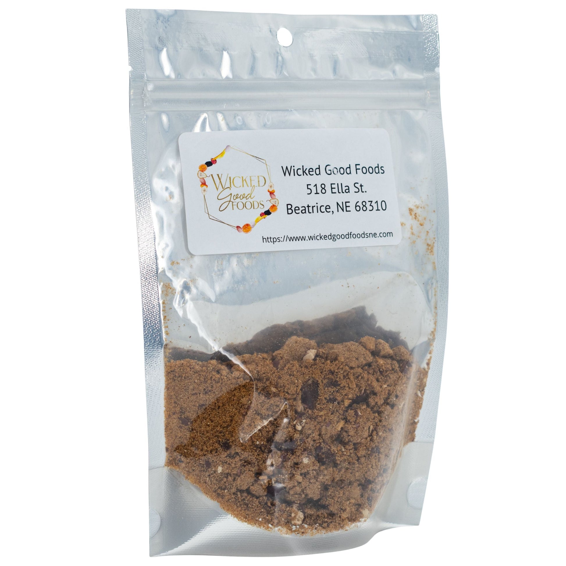 Freeze dried chili soup in a 2 oz package by Wicked Good Foods, featuring vibrant chili ingredients in a clear, sealed bag.