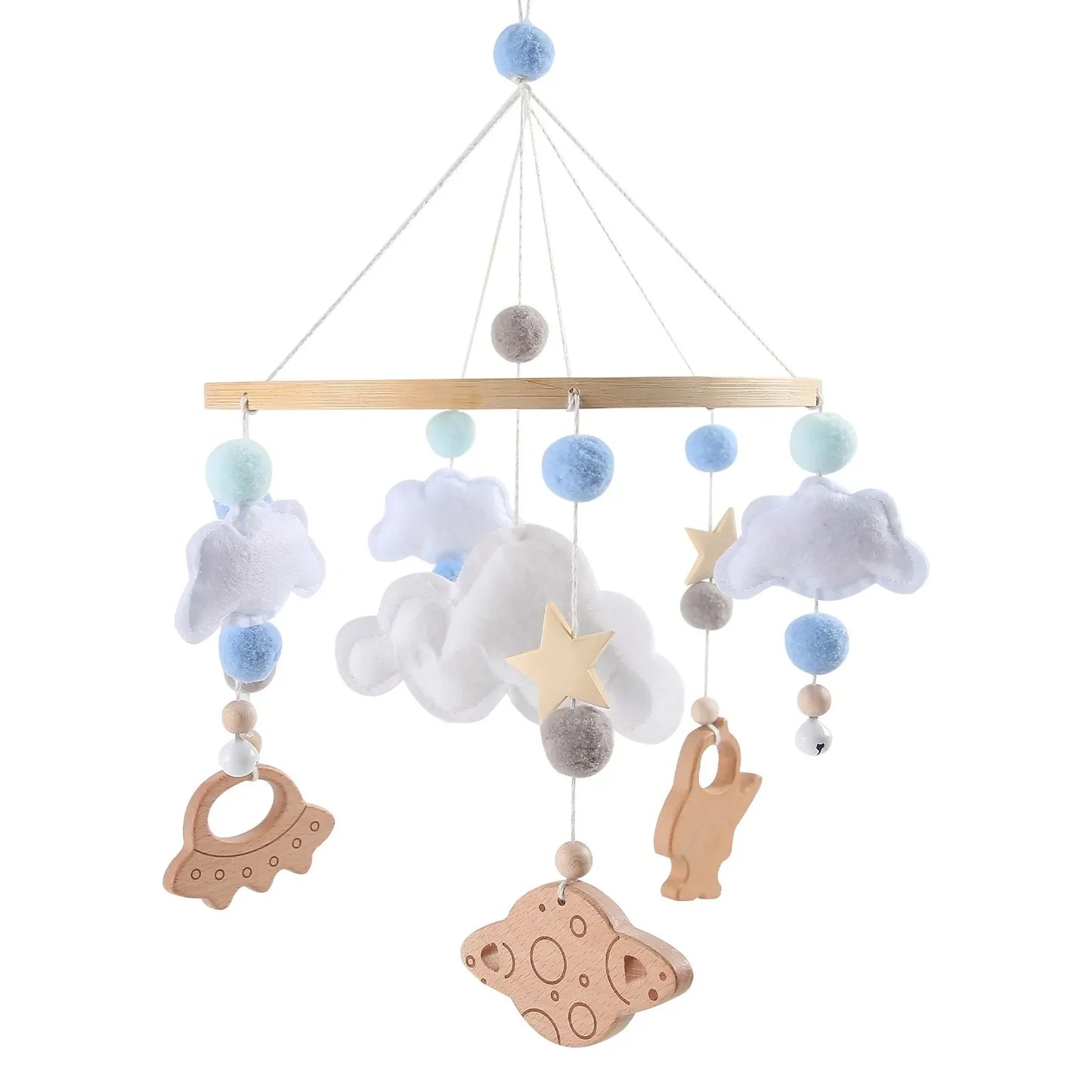 Wooden mobile hanging toys by Petite Pioneers featuring colorful animal and star shapes for nursery decor and sensory play.