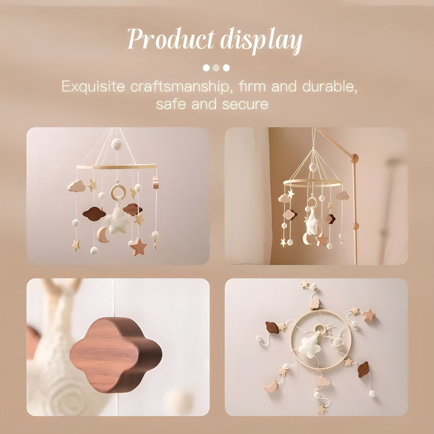 Colorful wooden mobile hanging toys by Petite Pioneers, featuring natural wood and playful animal shapes for nurseries.