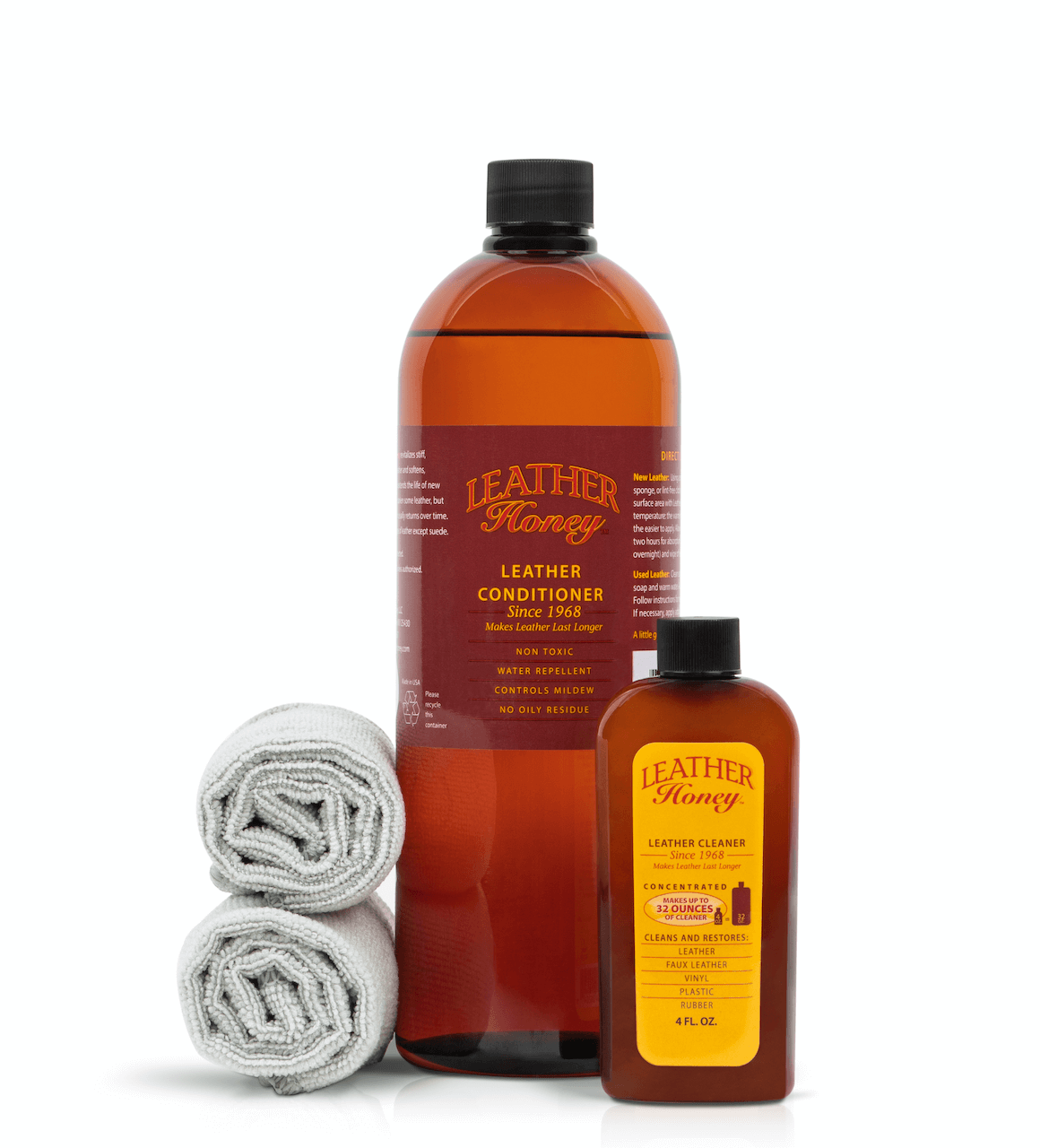 Leather Honey large leather care kit with cleaning and conditioning supplies for leather furniture and accessories.