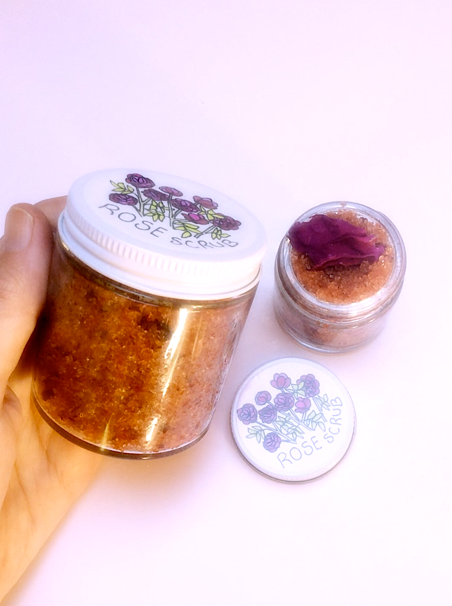 Plant Makeup Beach Rose Scrub jar with label and textured surface, showcasing natural skincare product.