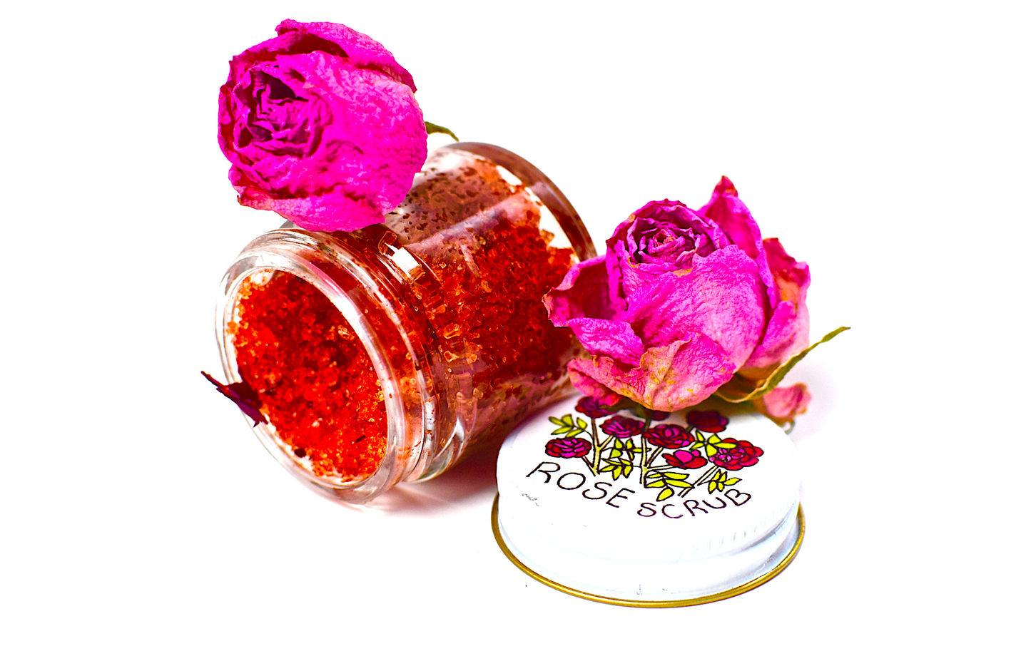 Plant Makeup Beach Rose Scrub jar with a rose floral design, showcasing the natural product packaging and label.