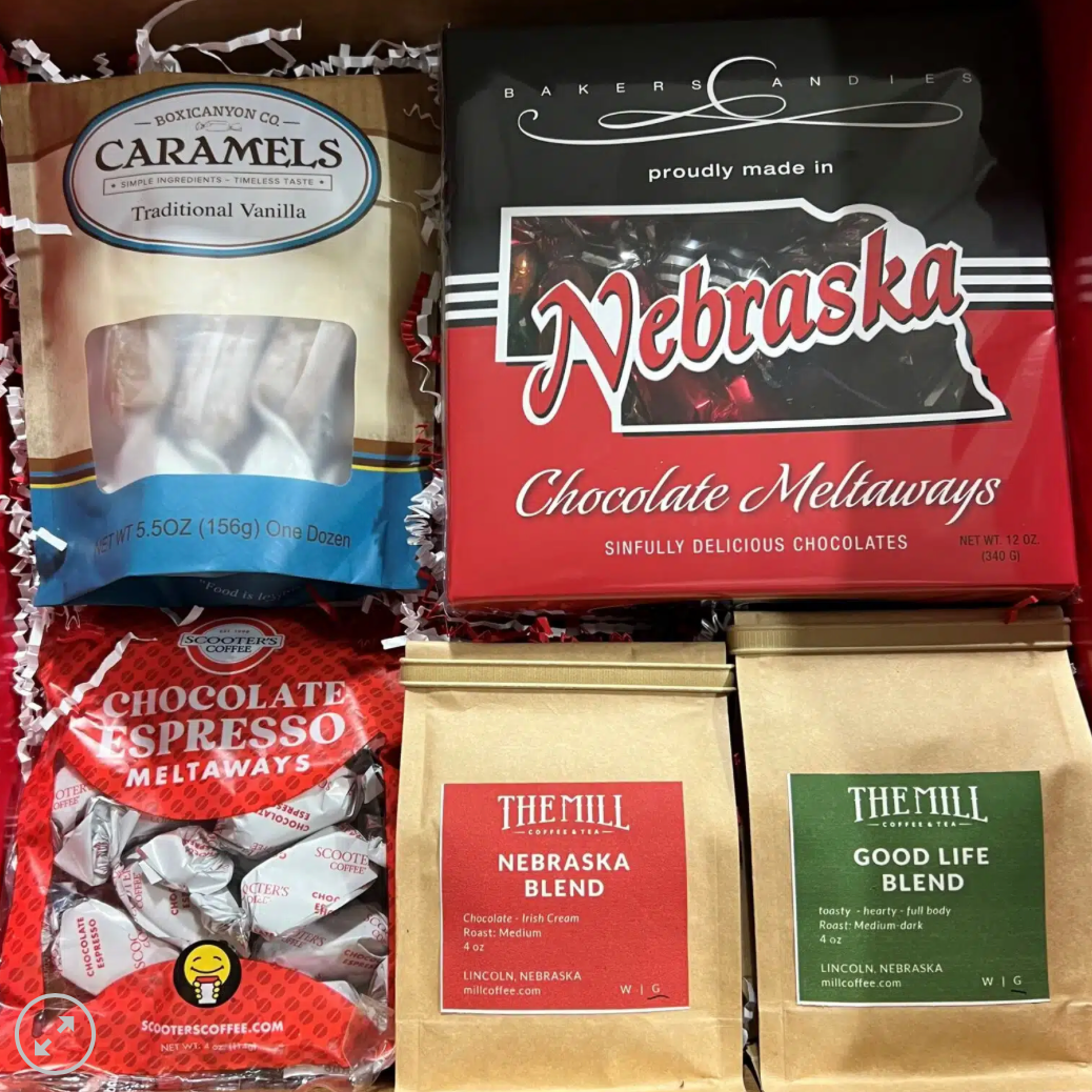 Taste of Nebraska gift basket by BuyNebraska.com featuring local snacks and products, perfect for gift-giving.