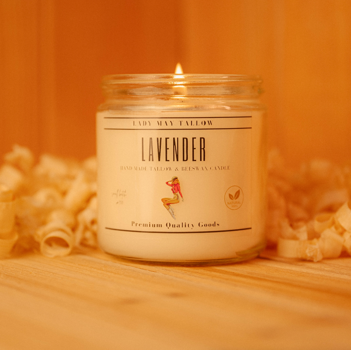 Lady May Tallow Classic Tallow and Beeswax Candle in 16oz jar, featuring natural scents and clean, non-toxic burn.