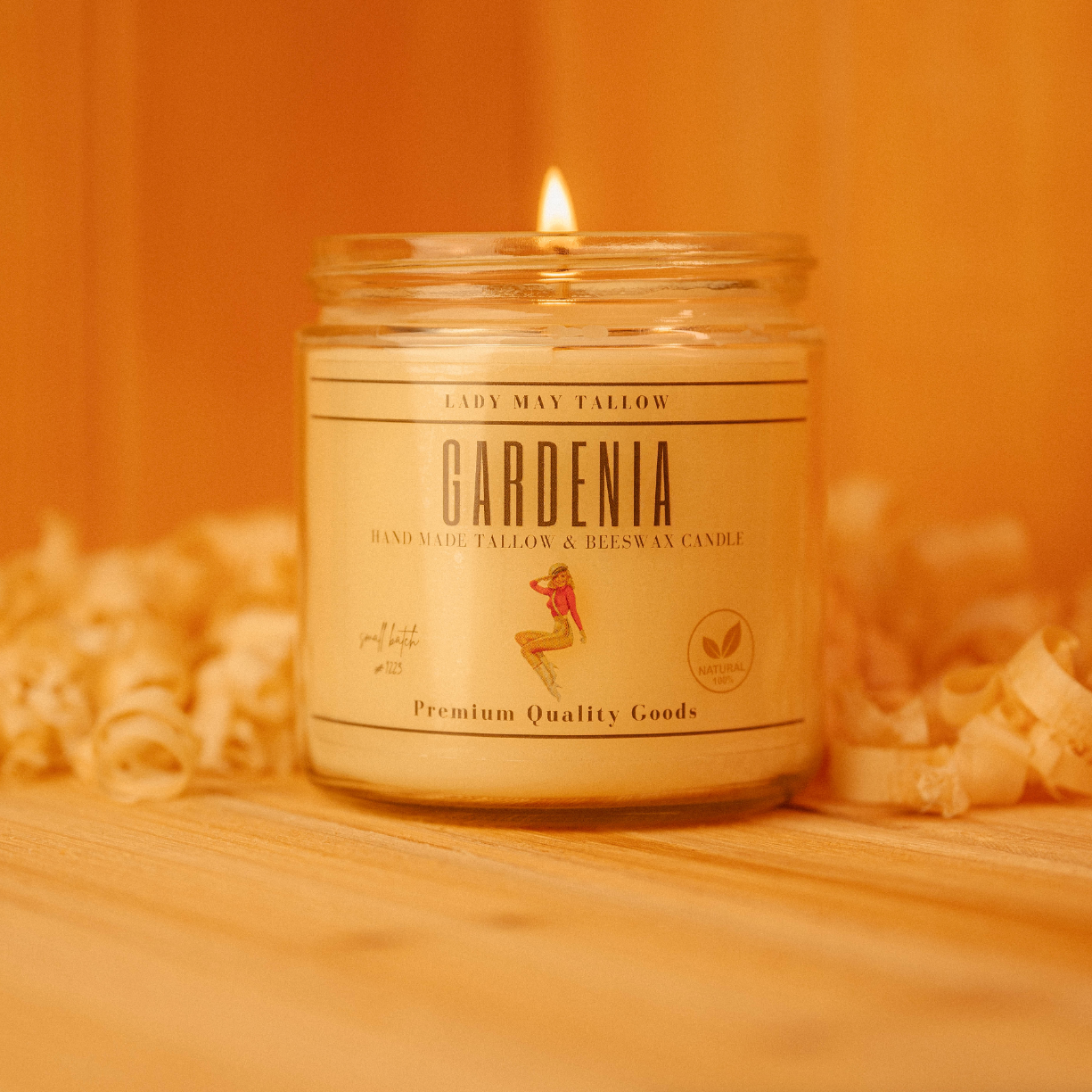 Lady May Tallow Classic Tallow & Beeswax Candle in 16oz with natural scents, non-toxic, clean-burning candle showing the product and flame.