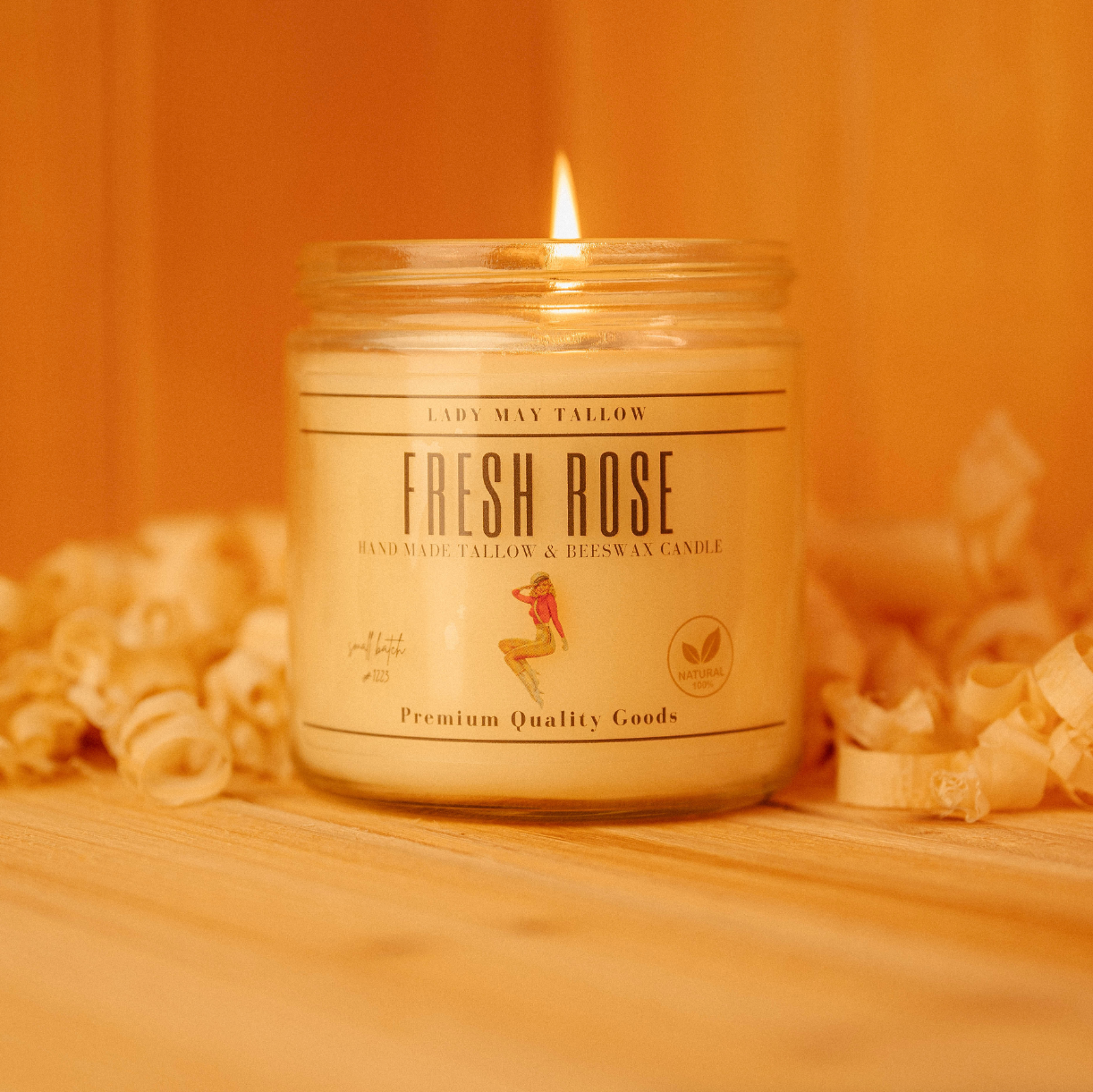 Lady May Tallow Classic Tallow & Beeswax Candle in 16oz jar with natural scents, non-toxic, clean-burning candle for cozy ambiance.