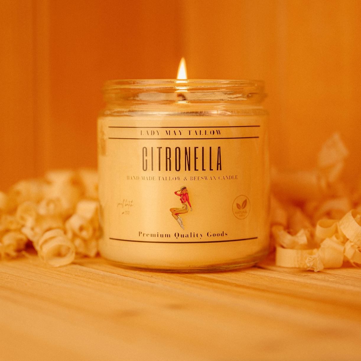 Lady May Tallow Classic Tallow and Beeswax Candle in 16oz with natural scents, showcasing a clean-burning, non-toxic candle.