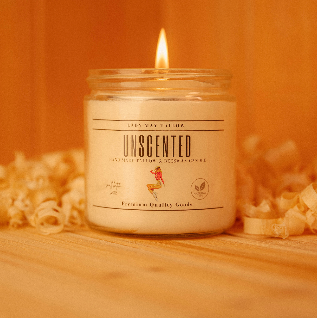 Lady May Tallow "Classic" 16oz candle with beeswax and natural scents, showcasing a clean-burning, non-toxic candle in a glass jar.