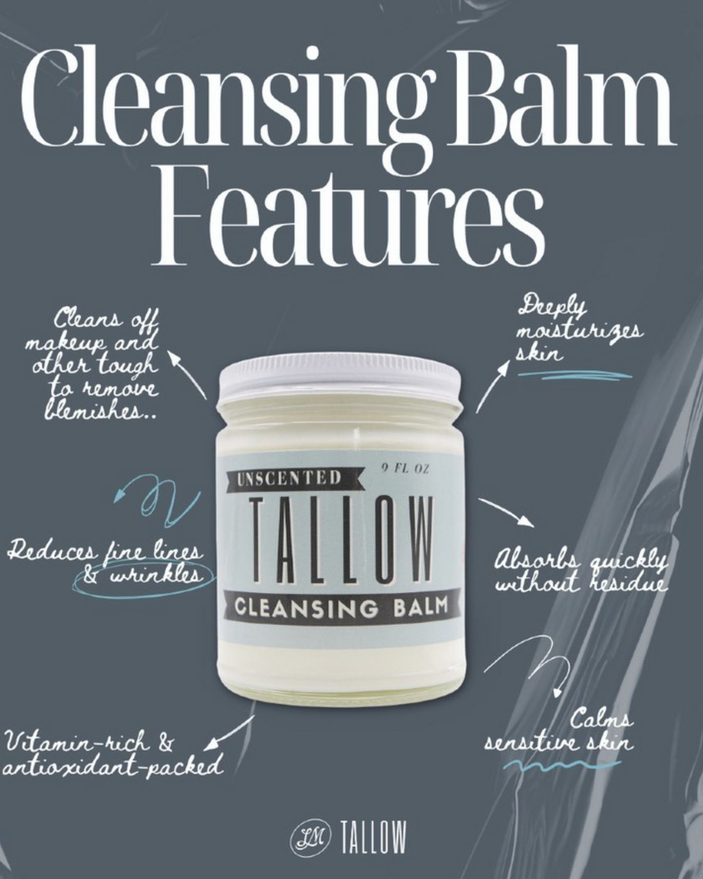 Unscented tallow cleansing balm by The Lady May, natural makeup remover and deep moisturizer with grass-fed beef tallow and castor oil.