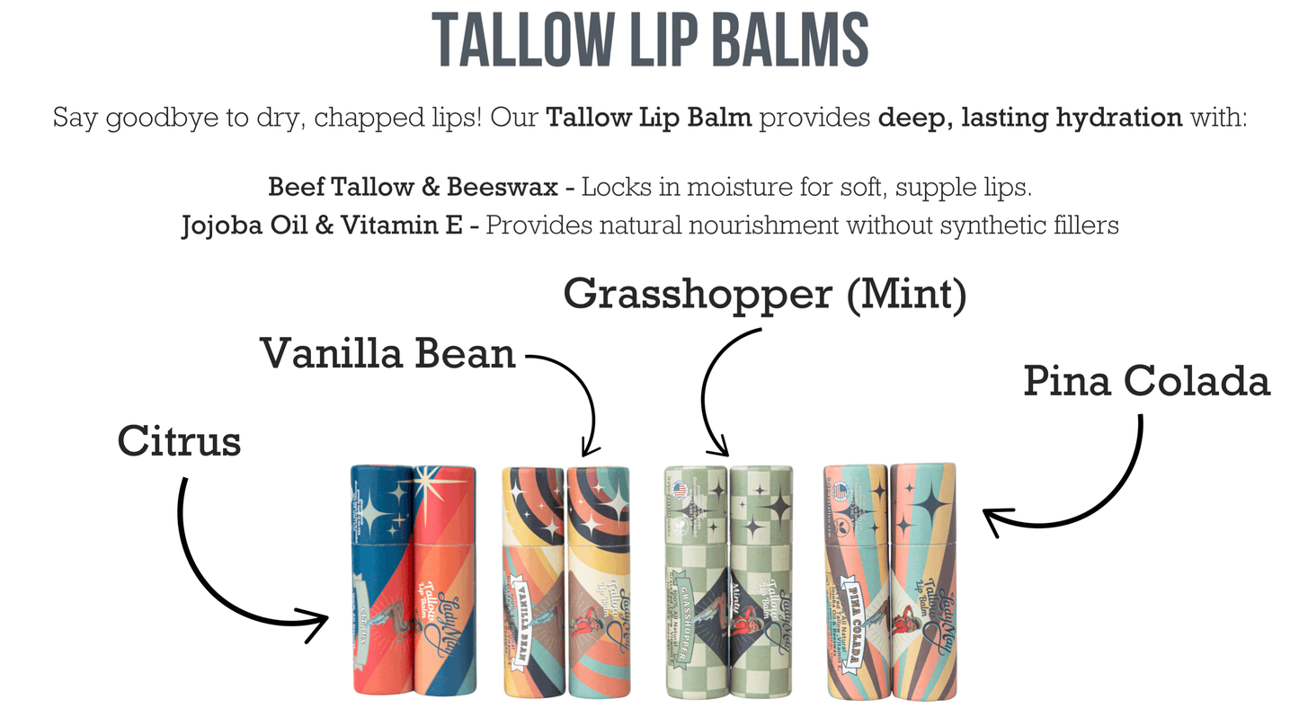 Lady May Tallow Beef Lip Balm in a tube, featuring all-natural ingredients and a smooth, nourishing texture for dry lips.