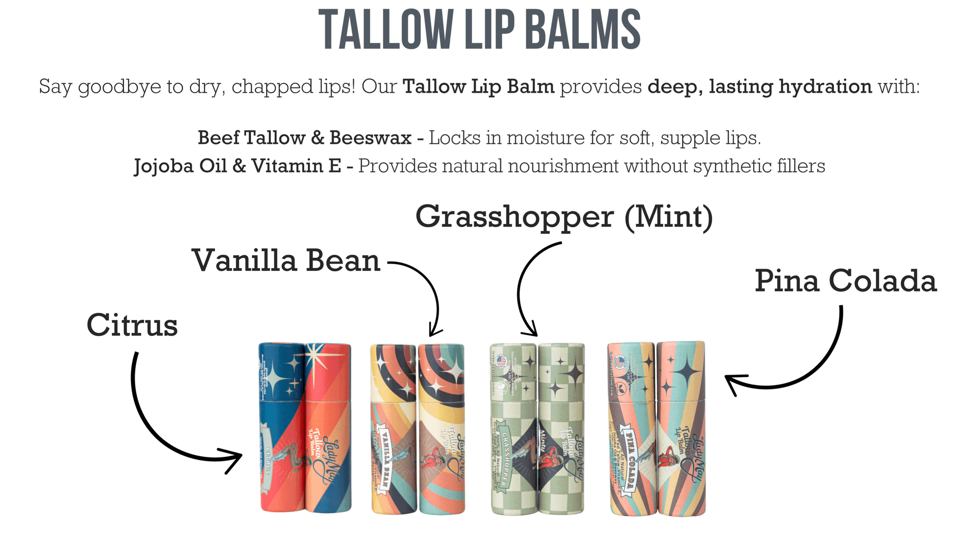 Lady May Tallow Beef Lip Balm in a tube, featuring all-natural ingredients and a smooth, nourishing texture for dry lips.
