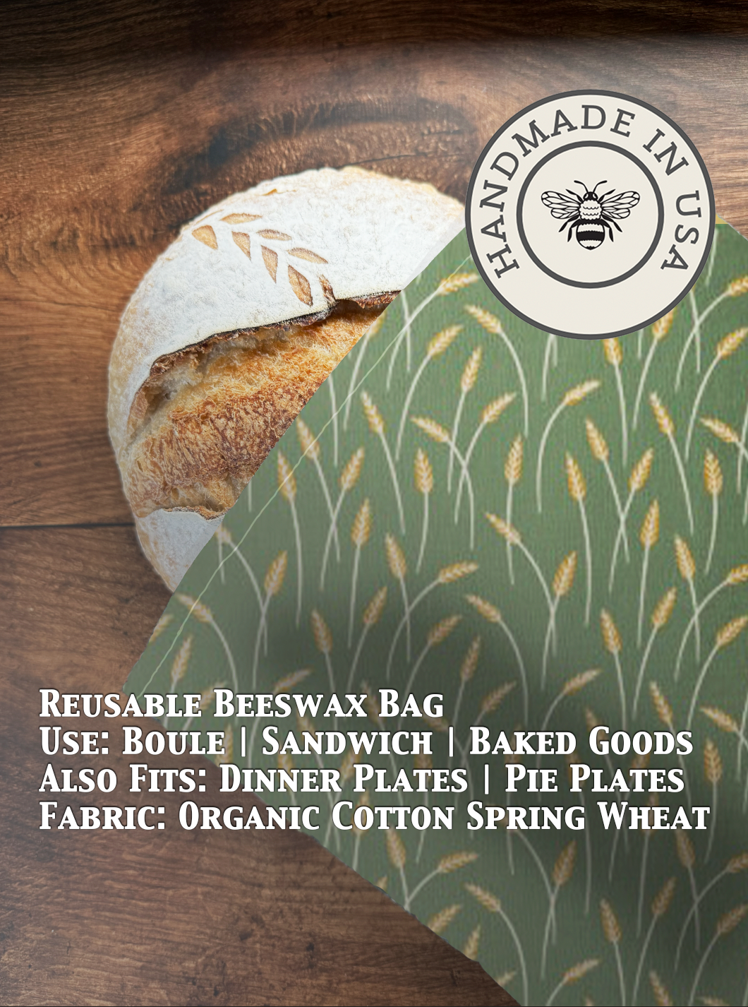 Beeswaxed bread bag from Five Oaks Farm, natural canvas with beeswax coating, designed for storing fresh bread.