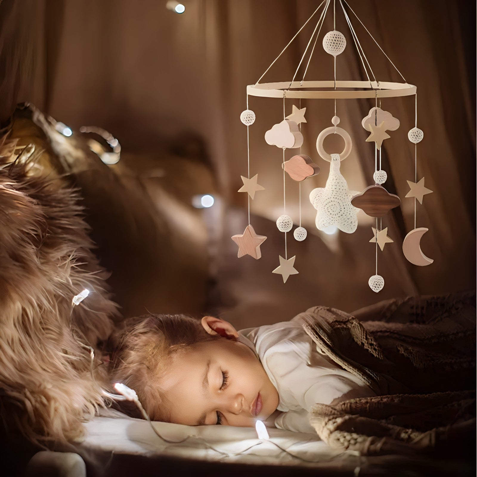 Wooden mobile hanging toys by Petite Pioneers featuring colorful, hand-carved animal figures on a natural wooden frame.