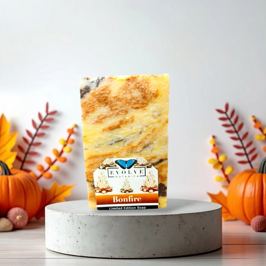 Evolve Botanica Bonfire Christmas seasonal soap with festive fire and winter holiday design, perfect for holiday gift-giving.