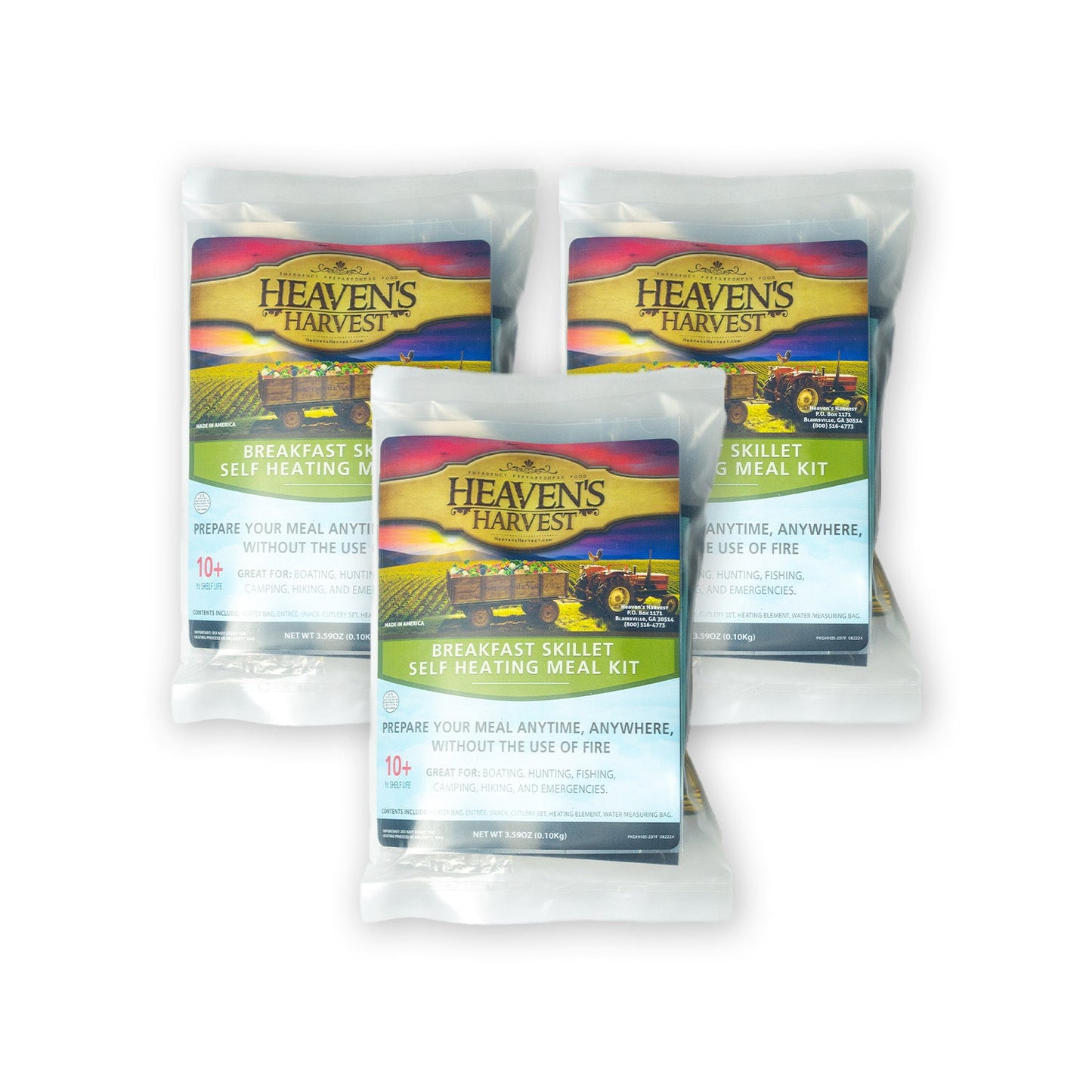 Self-heating meal kit by Heaven's Harvest featuring sausage, egg, and potato breakfast skillet in a freeze-dried food pack.