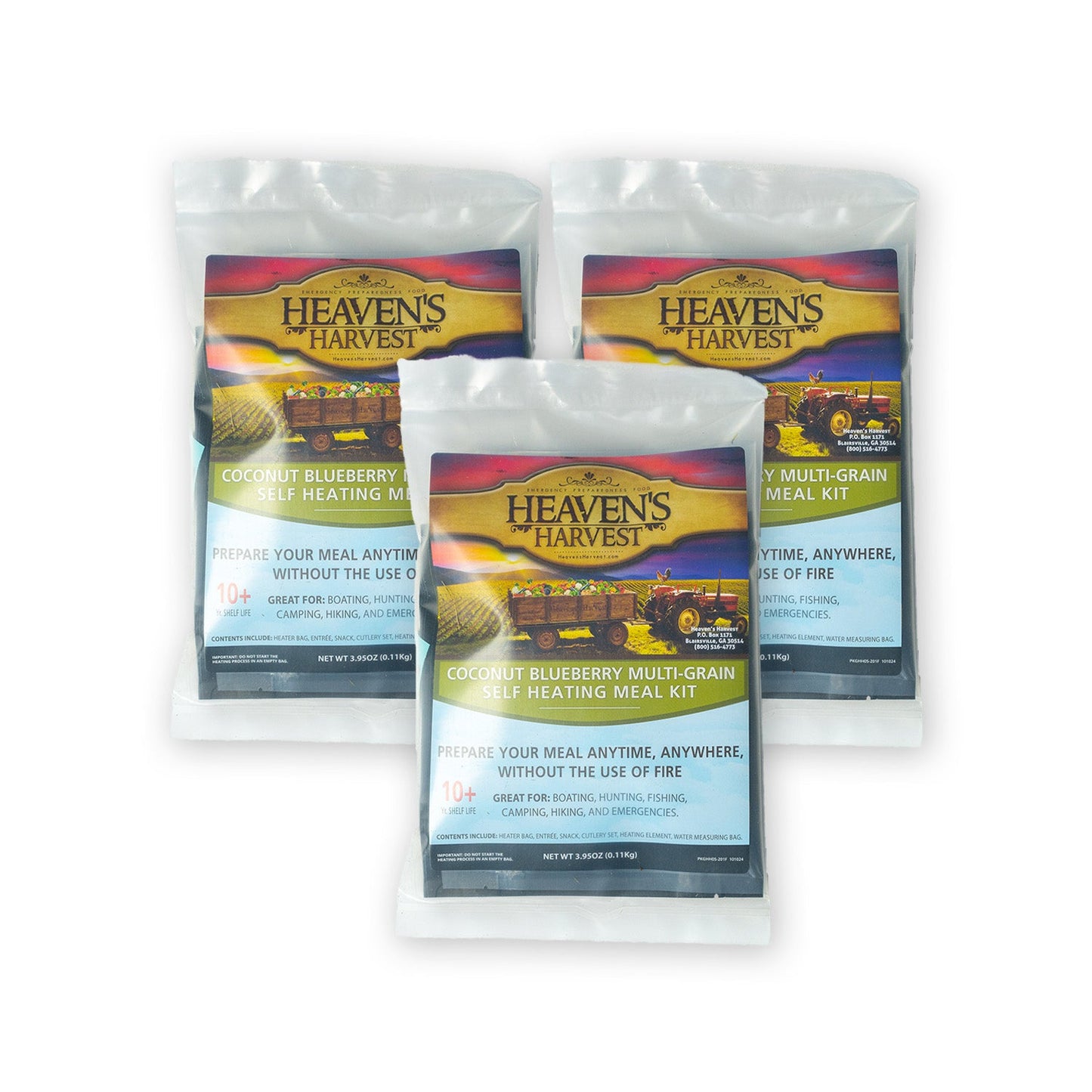 Self-heating coconut blueberry multi-grain meal kit from Heaven's Harvest, showing the freeze-dried food packaging and heating pouch.