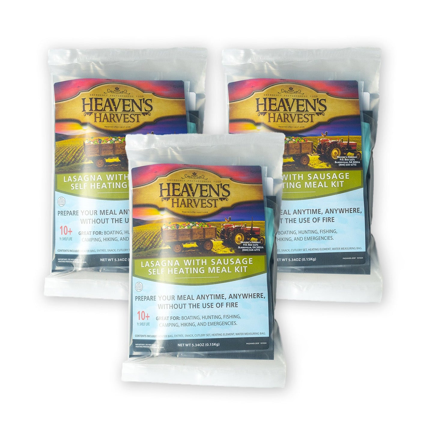 Self-heating meal kit by Heaven's Harvest featuring lasagna with sausage, displayed in a freeze-dried food package.