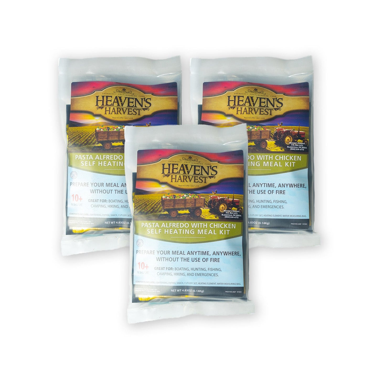 Self-heating meal kit by Heaven's Harvest featuring pasta Alfredo with chicken, ready-to-eat freeze-dried food package.