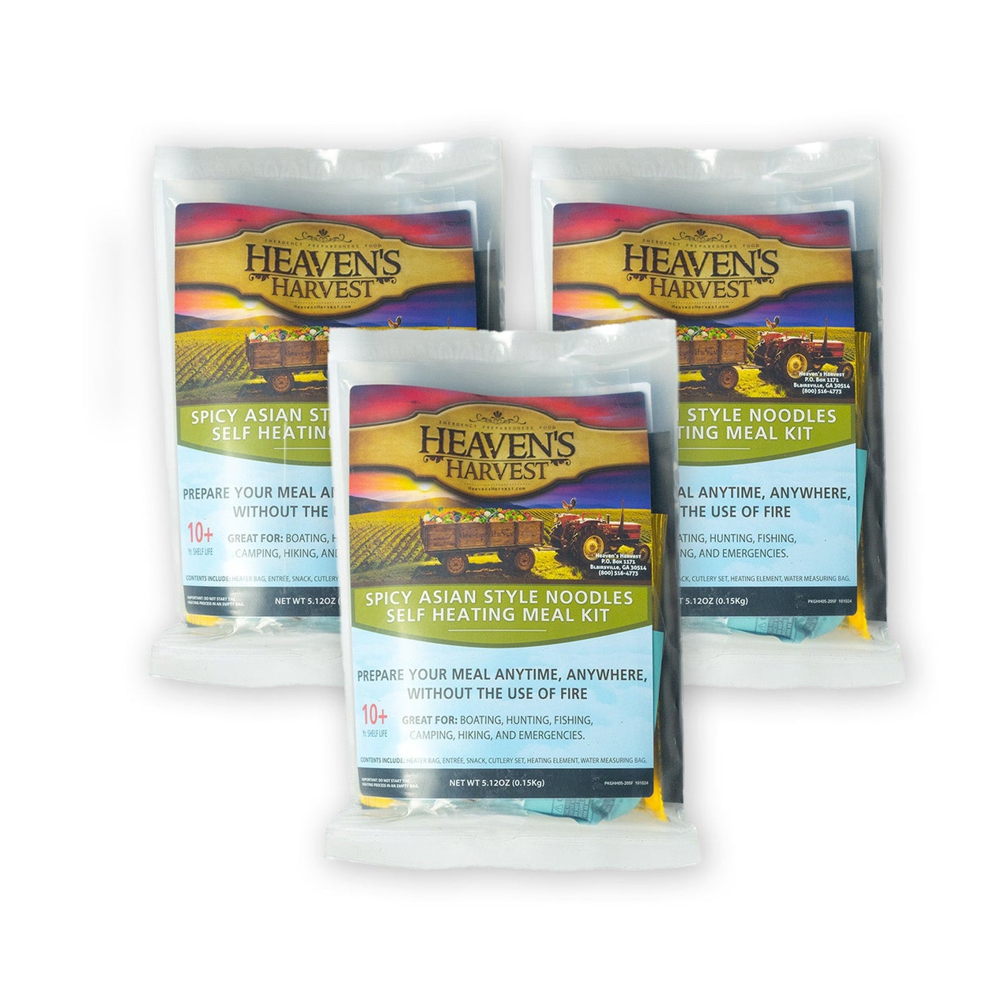 Self-heating meal kit with spicy Asian-style noodles in a pack of three, from Heaven's Harvest freeze-dried food collection.