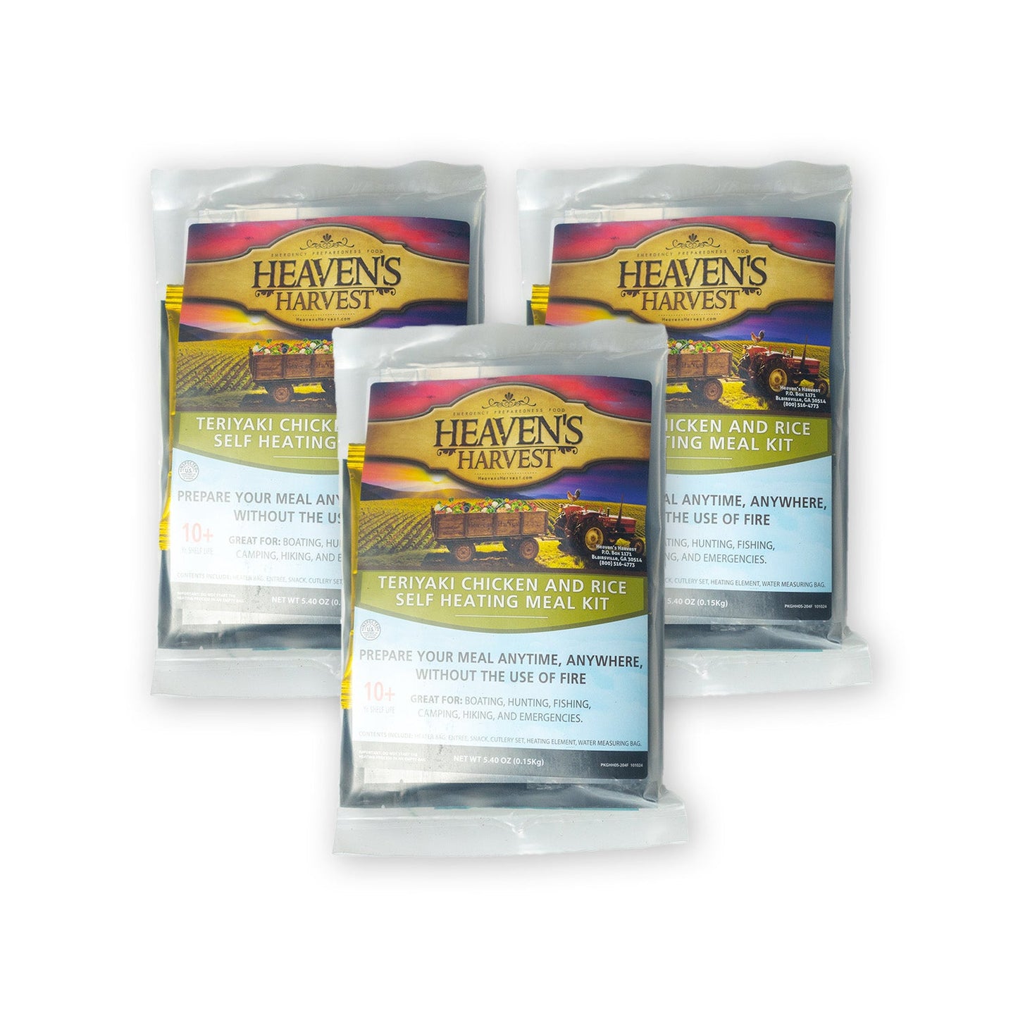 Self-heating meal kit featuring teriyaki chicken and rice from Heaven's Harvest, with packaged freeze-dried food components.