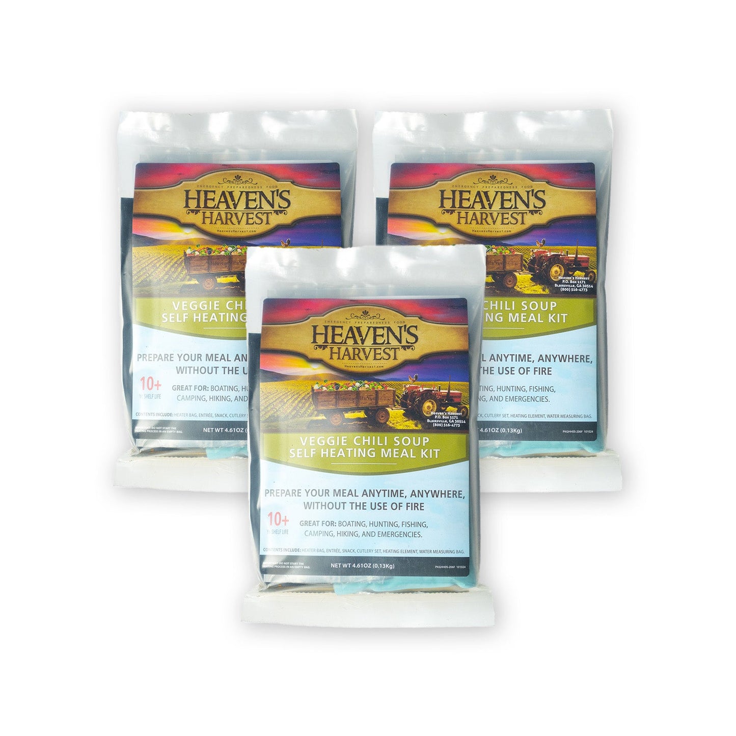 Three self-heating veggie chili soup meal kits from Heaven's Harvest, freeze-dried food with easy self-heating containers.