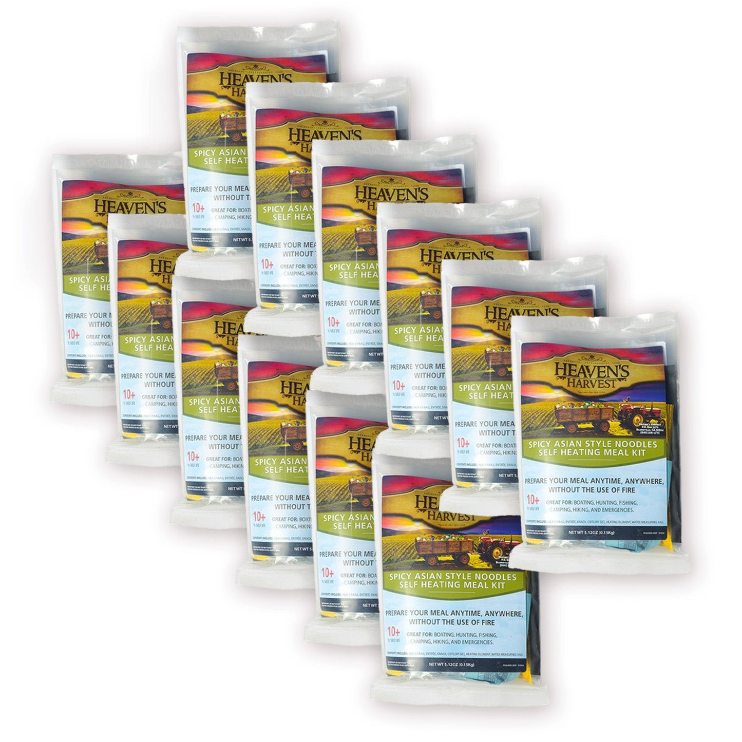 Heaven's Harvest self-heating meal kit with spicy Asian-style noodles in a freeze-dried food pack, ready-to-eat convenience.