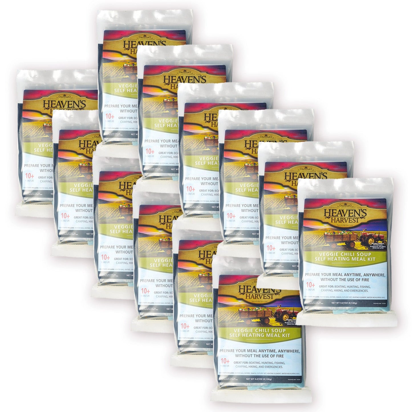 Heaven's Harvest self-heating veggie chili soup meal kit, freeze-dried food pack with 12 individual servings.