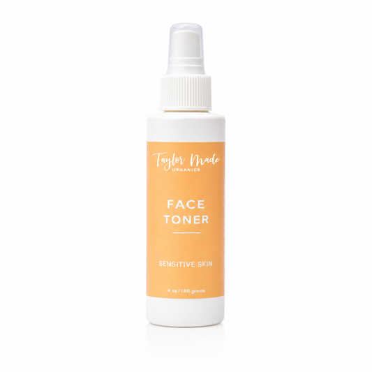 Taylor Made Organics sensitive skin face toner bottle, gentle skincare product for soothing and refreshing facial skin.