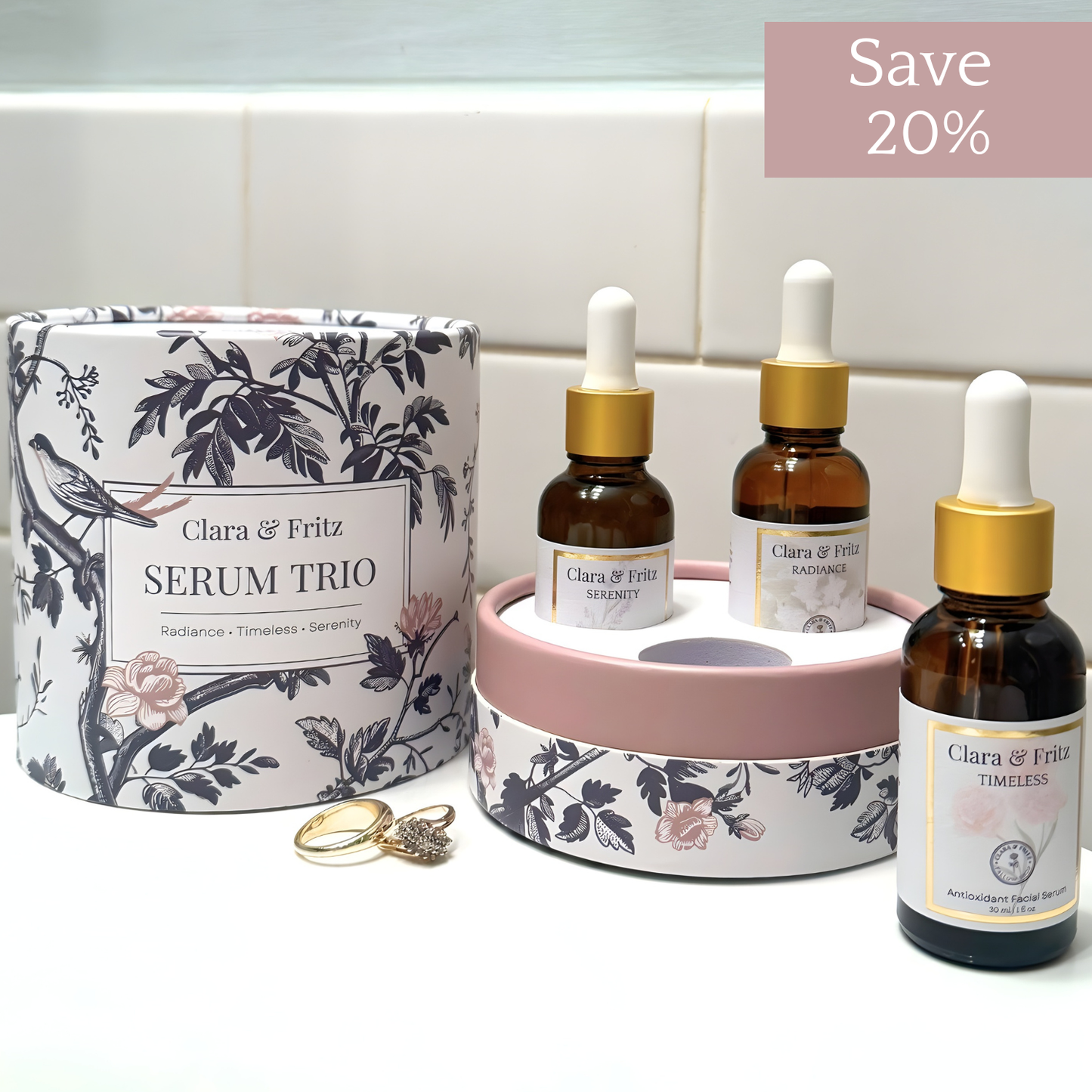 Set of three Clara & Fritz Tallow Shop Serenity Calming Facial Serums in a gift box, designed for soothing skin and deep hydration.