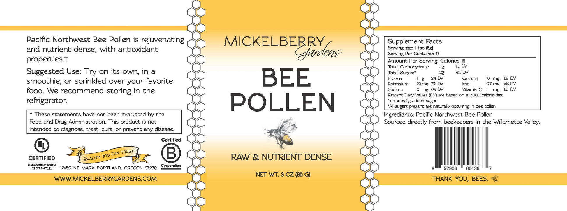 Jar of Mickelberry Gardens bee pollen from Portland Oregon, showing golden bee pollen granules in a clear container.
