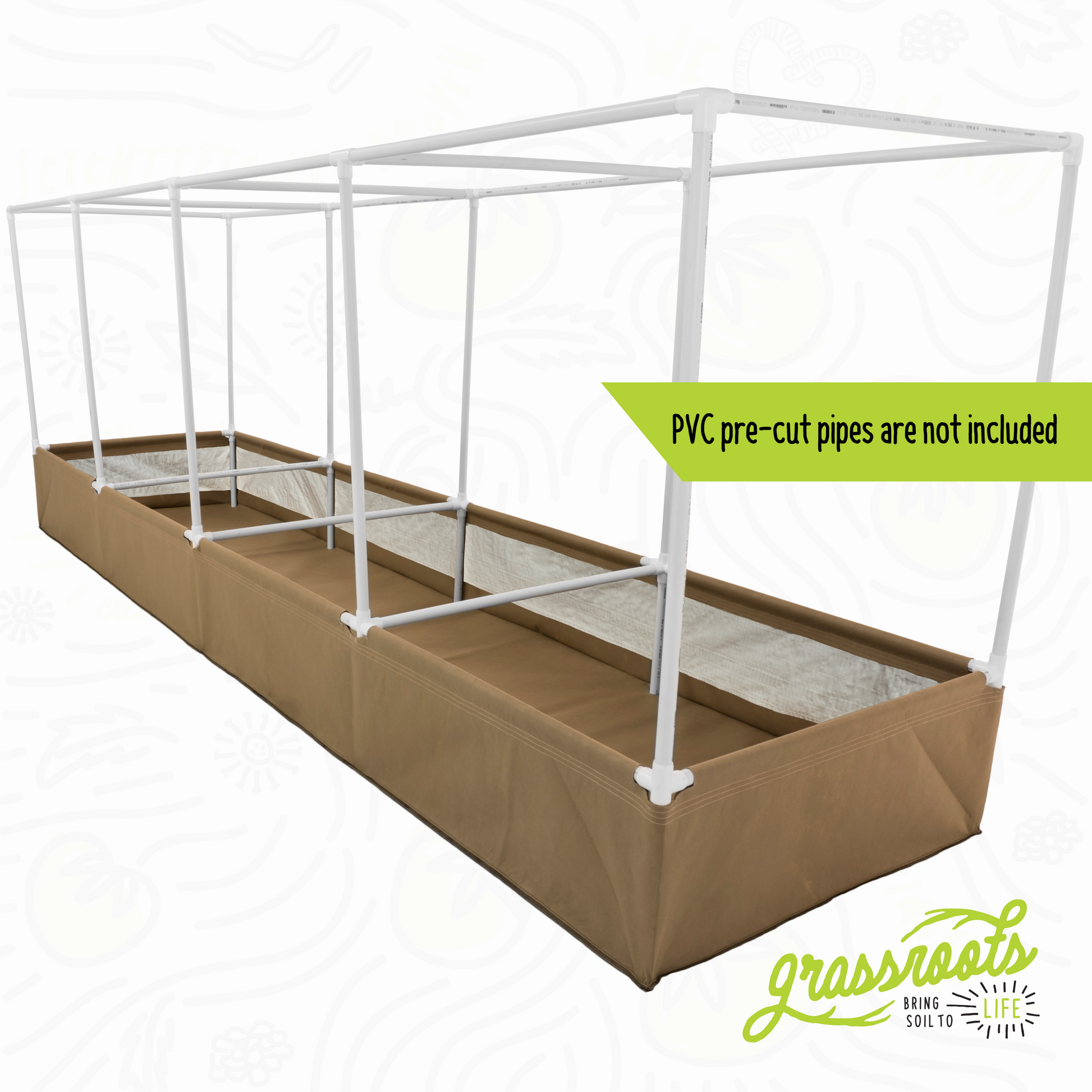 Living Soil Fabric Bed by Grassroots Fabric Pots, a breathable fabric bed for healthy plant growth, shown with soil and plants.