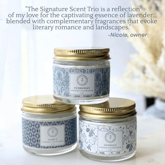 Set of three Clara & Fritz Tallow Shop Signature Scent Lotions and Moisturizers displayed together, showcasing elegant packaging.