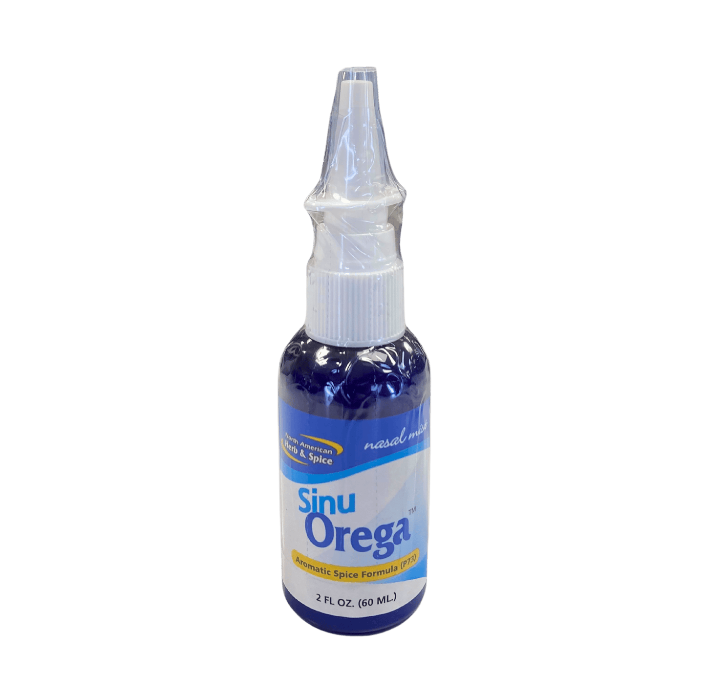 Sinu-Orega Aromatic Spice Formula nasal spray by Country Life Natural Foods, featuring a white spray bottle with a blue cap.